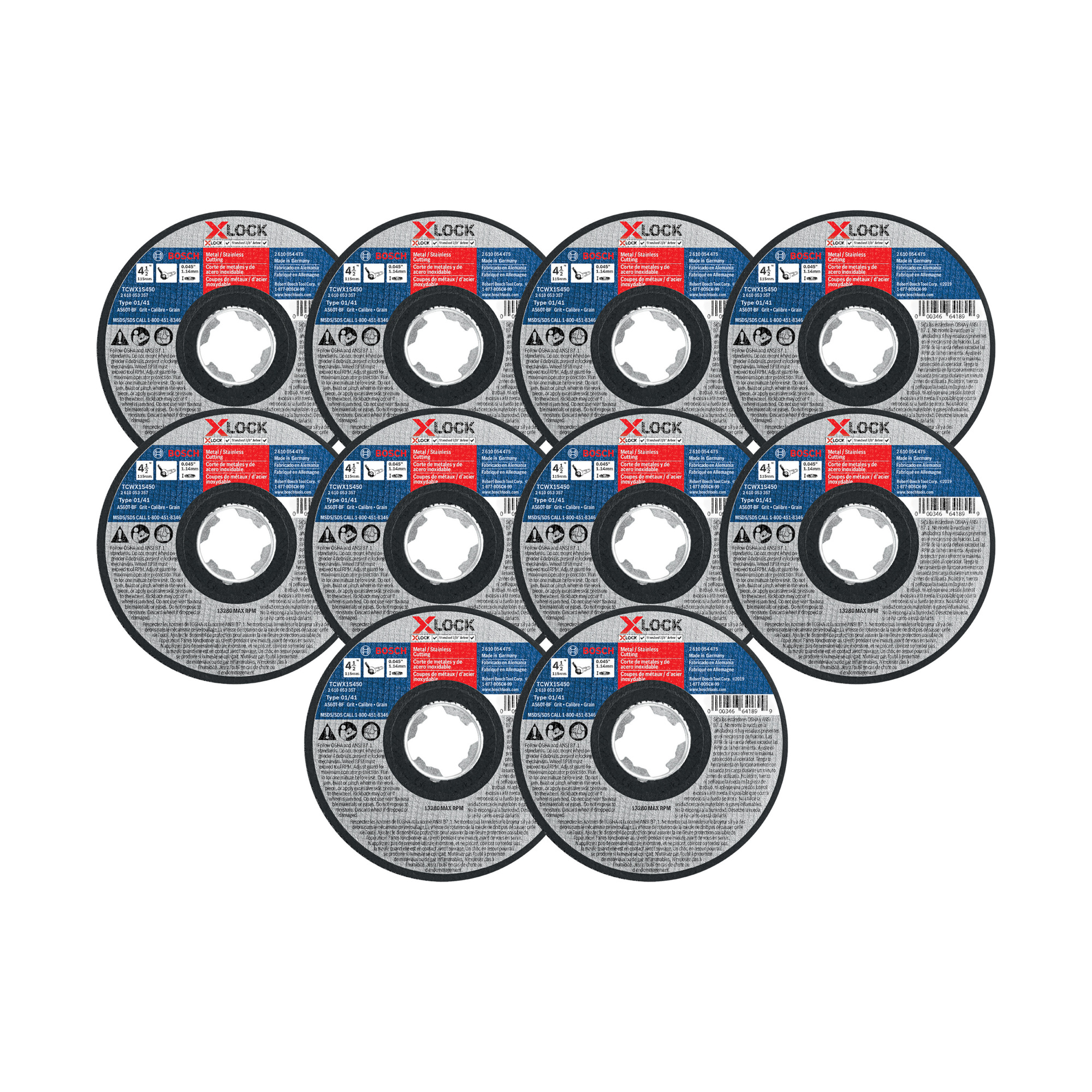 Bosch Fast Cutting Abrasive Wheel Set — 4.5in. Dia., 60 Grit, X-LOCK, Metal/Stainless Steel, 10 Pcs, Model# TCWX1S450P10